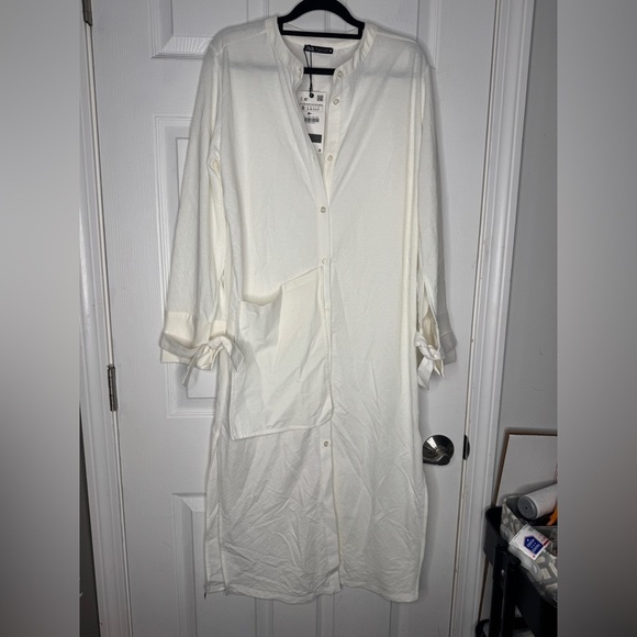 ZARA NWT Cream 100% Cotton Button Up Midi Dress Size Small Side Slits - Picture 5 of 13